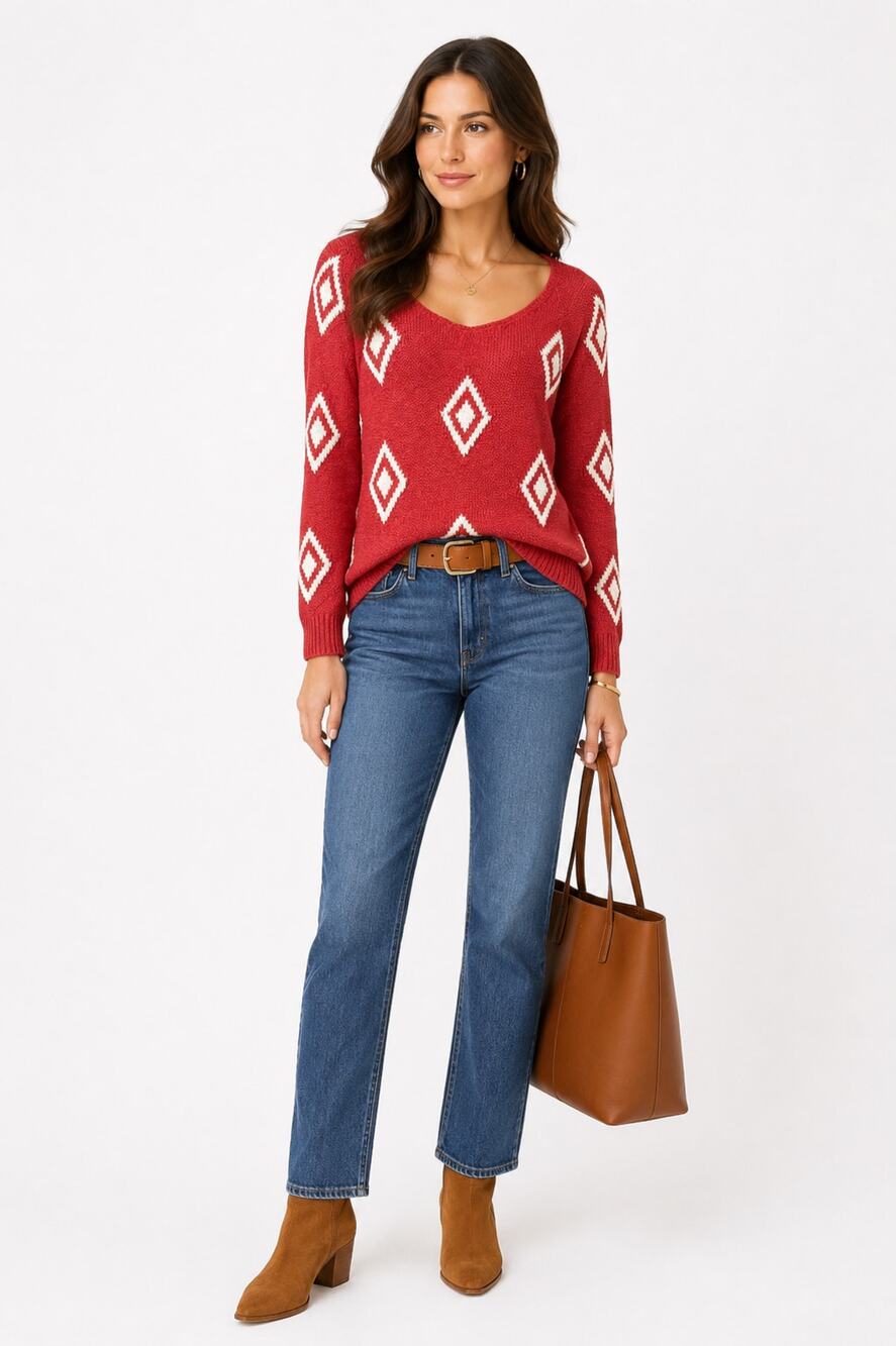 Lucky Brand Red Diamond Cotton Knit Pullover Sweater Womens Large Boho